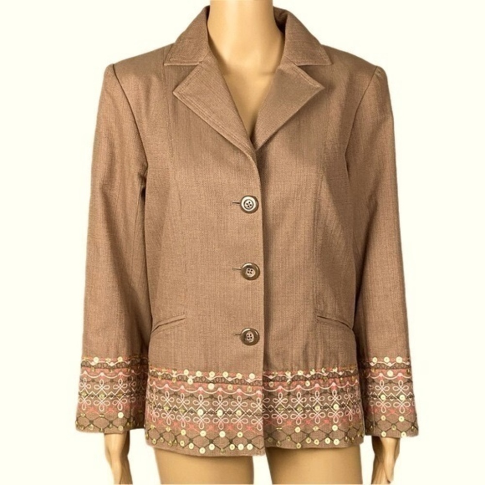 VICTOR COSTA “OCCASION” light Brown blazer w/embroidery and sequins. Medium. EUC